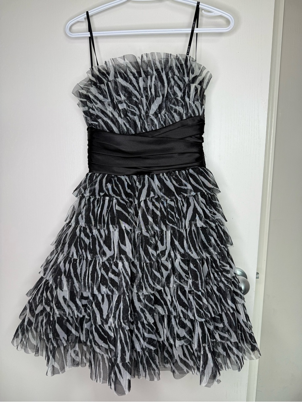 B Darlin' Black and White Zebra Tiered Tulle Junior Dress